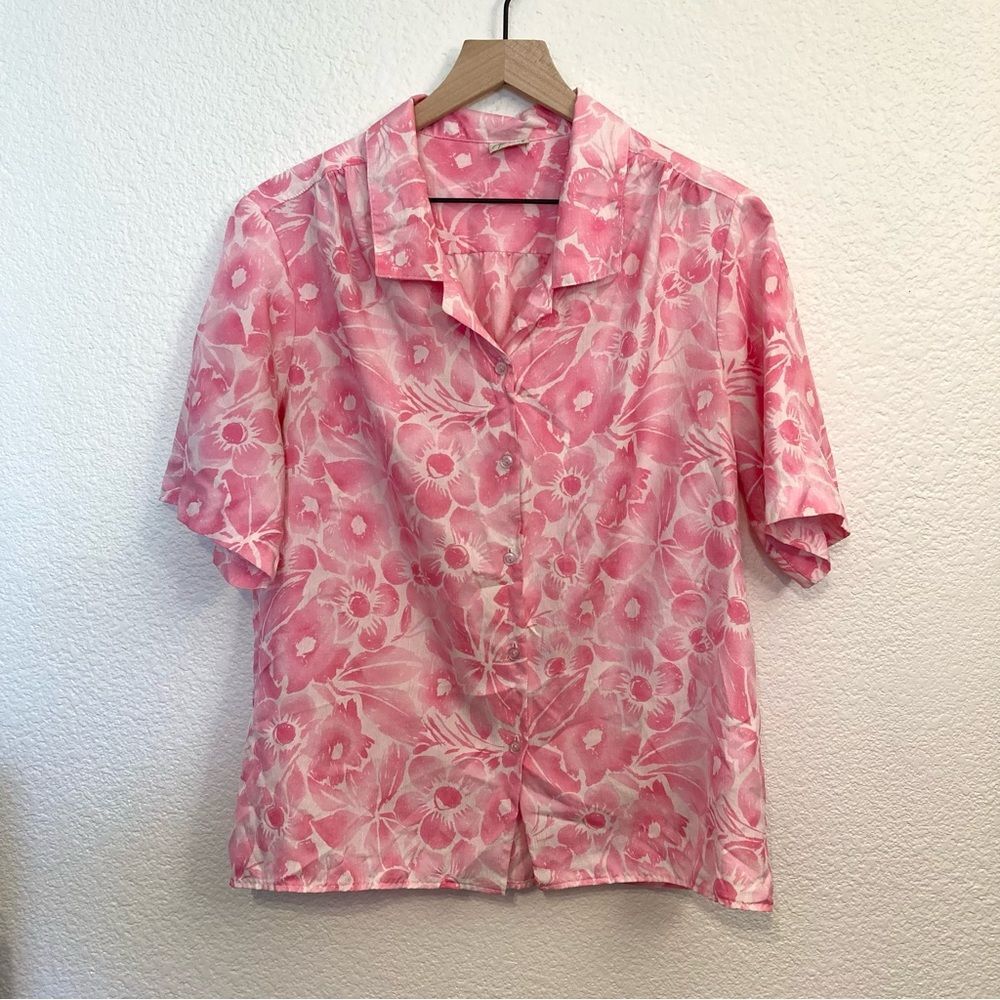Vintage Pykettes Hawaiian Floral Pink White Button Up Large Tropical